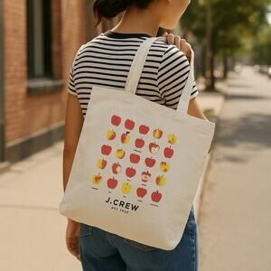 J Crew Factory Apples Natural Beige Cotton Canvas Tote Shopping Bag 16” Preppy